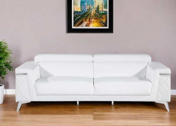 Homeroots 89" White Italian Leather Sofa With Silver Legs White  534158