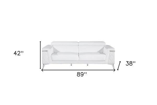 HomeRoots 89" Italian Leather Sofa with Silver Legs - Modern Design, Plush Seating, Durable Build, Seats 3 Comfortably WHITE 534158