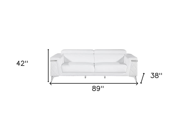 Homeroots 89" White Italian Leather Sofa With Silver Legs White  534158