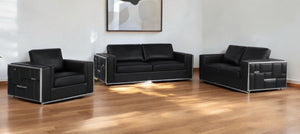 HomeRoots Black Top Grain Leather 5-Person Seating Set: Luxurious Comfort, Modern Design & Sturdy Chrome Legs 534159