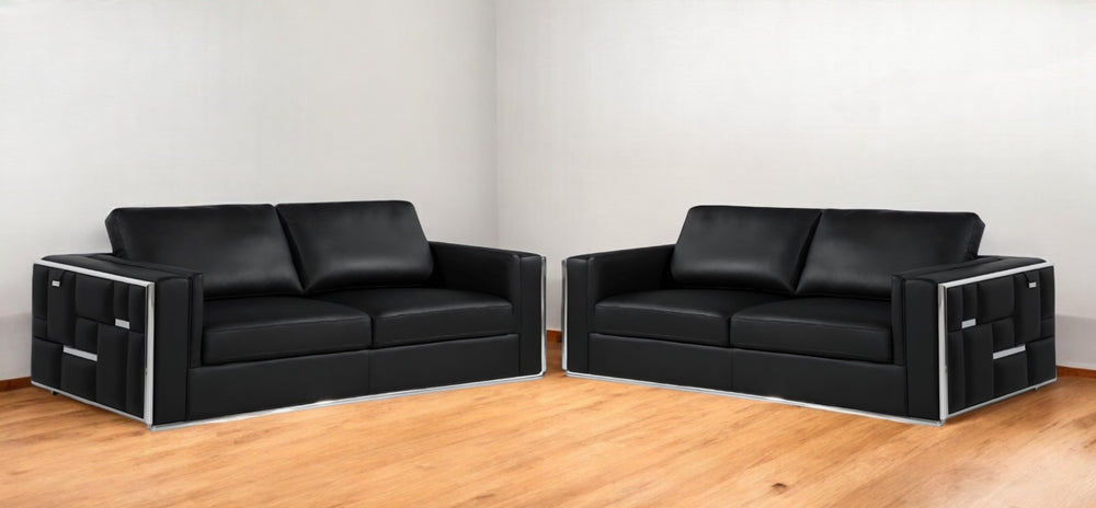 HomeRoots Two Piece Indoor Black Italian Leather Seating Set for Four – Luxurious Comfort & Modern Style 534161