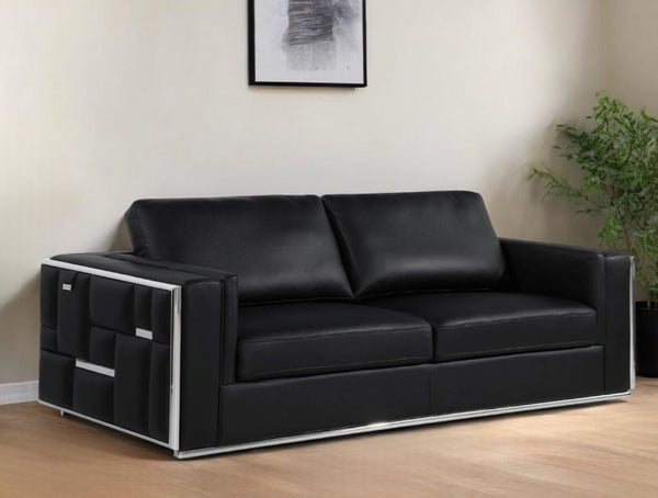 Homeroots 89" Black Italian Leather Sofa With Silver Legs Black  534162