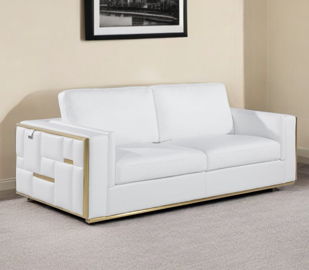 HomeRoots 89" Italian Leather Sofa – Luxurious Comfort with Silver Stainless Steel Legs for Modern Living Spaces WHITE 534164