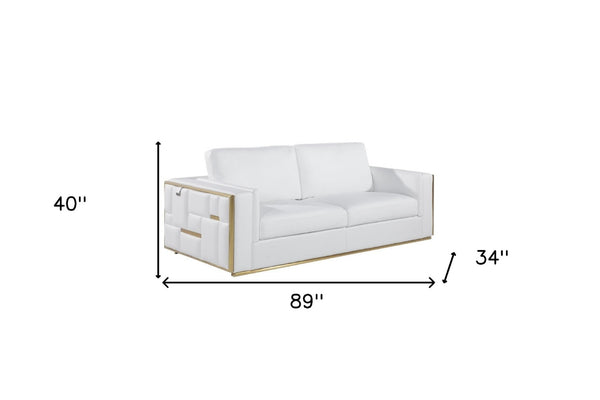 HomeRoots 89" Italian Leather Sofa – Luxurious Comfort with Silver Stainless Steel Legs for Modern Living Spaces WHITE 534164