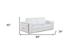 Homeroots 89" White Italian Leather Sofa With Brass Legs White  534164
