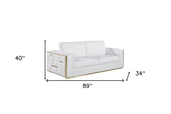 Homeroots 89" White Italian Leather Sofa With Brass Legs White  534164