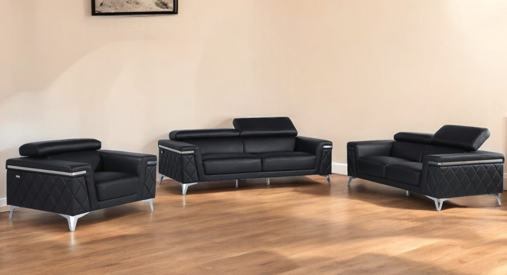 HomeRoots Three Piece Black Italian Leather Seating Set for Five - Elegant Comfort & Timeless Style Upgrade 534165