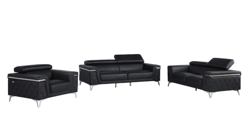 HomeRoots Three Piece Black Italian Leather Seating Set for Five - Elegant Comfort & Timeless Style Upgrade 534165