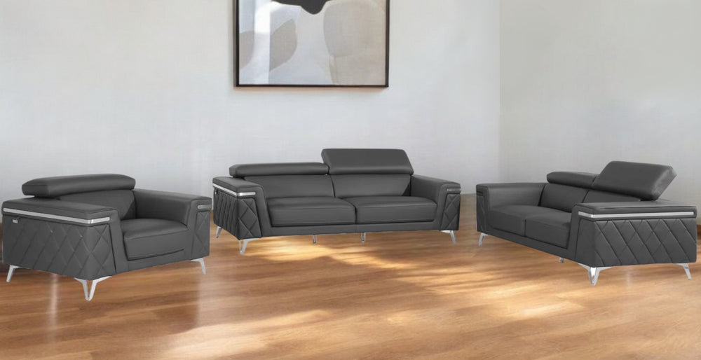 HomeRoots Three Piece Gray Top Grain Leather Seating Set for 5 - Stylish, Durable, and Modern Comfort 534166