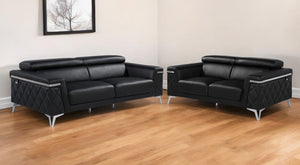 HomeRoots Two Piece Black Italian Leather Seating Set for Four - Luxurious Comfort & Modern Style 534169