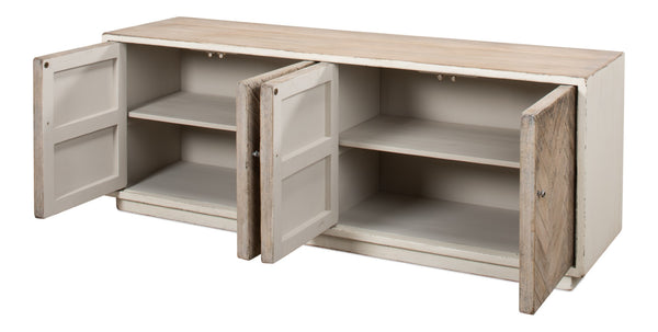 Sarreid Amalia Tv Stand In Antique White - Elegant Reclaimed Pine With Natural Doors For Stylish Living Rooms White  53417-3