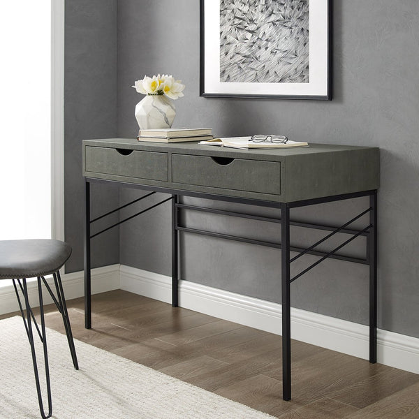 English Elm Walker Edison - Contemporary Faux Shagreen Writing Desk with 2 Drawers, Lined Interiors & Angled Metal Accents Grey 49 L x 24.5 W x 14 H B185P244129