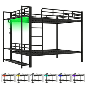 English Elm Full Size Metal Bunk Bed With Led Lighting, Storage Shelves & Hooks - Stylish Space Saver For Teens N7090000667B