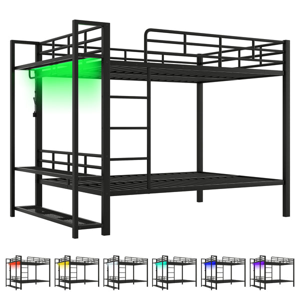 English Elm Full Size Metal Bunk Bed With Led Lighting, Storage Shelves & Hooks - Stylish Space Saver For Teens N7090000667B