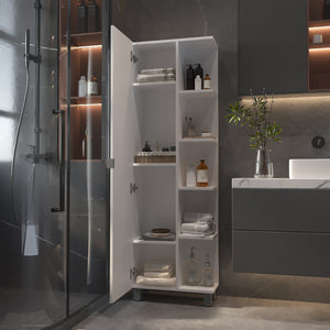 English Elm Los Angeles Linen tall white bathroom cabinet with mirrored door, 5 shelves, adjustable interior storage B128P148739