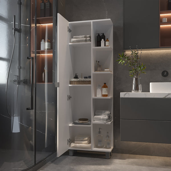 English Elm Los Angeles Linen tall white bathroom cabinet with mirrored door, 5 shelves, adjustable interior storage B128P148739