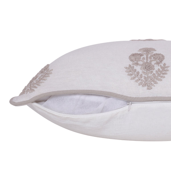 Homeroots 20" X 20" Natural And Ivory Floral Linen Zippered Pillow With Embroidery   534299