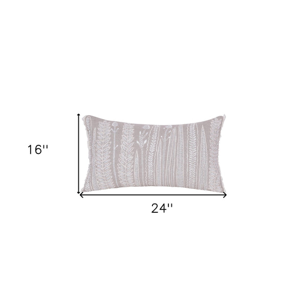 Homeroots 16" X 24" Natural And Ivory Floral Linen Zippered Pillow With Embroidery   534300