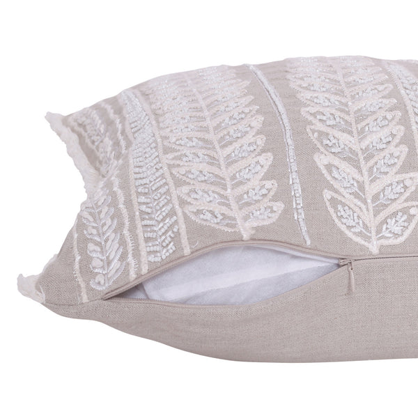 Homeroots 16" X 24" Natural And Ivory Floral Linen Zippered Pillow With Embroidery   534300