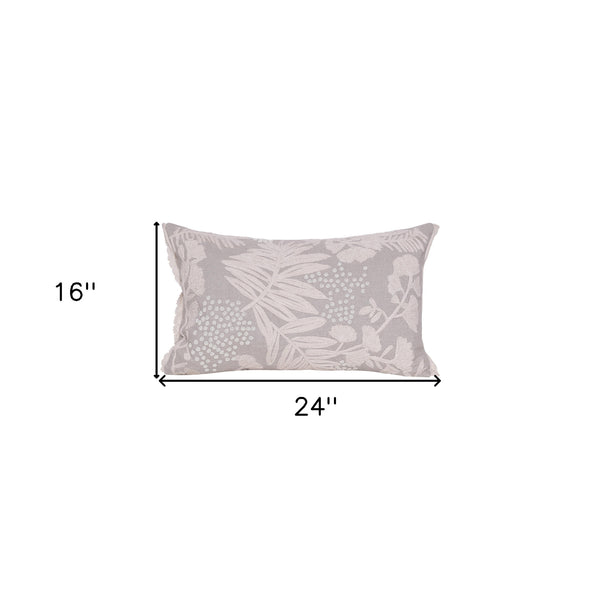 Homeroots 16" X 24" Natural And Ivory Botanical Linen Zippered Pillow With Embroidery   534303