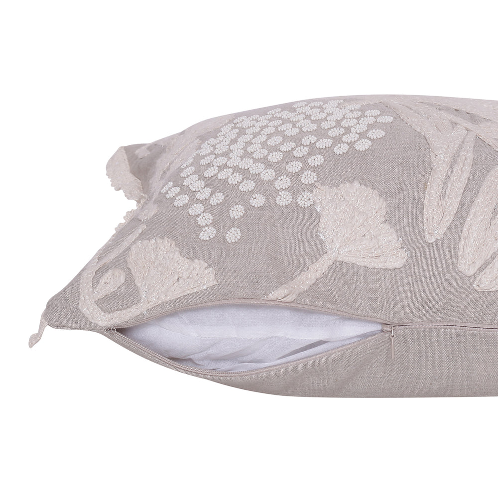 Homeroots 16" X 24" Natural And Ivory Botanical Linen Zippered Pillow With Embroidery   534303