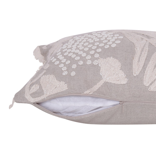 Homeroots 16" X 24" Natural And Ivory Botanical Linen Zippered Pillow With Embroidery   534303