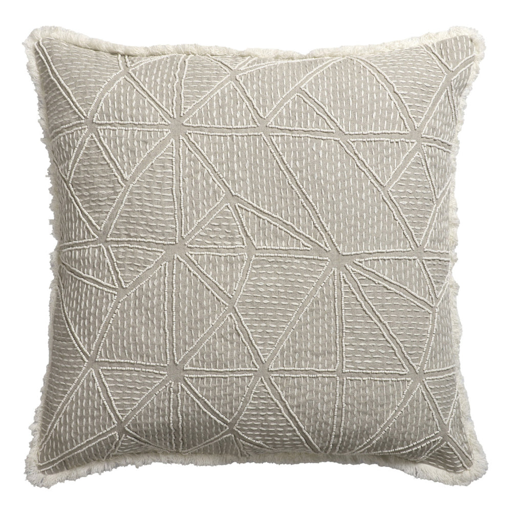 Homeroots 20" X 20" Beige And Ivory Geometric Linen Zippered Pillow With Embroidery, Fringe   534312