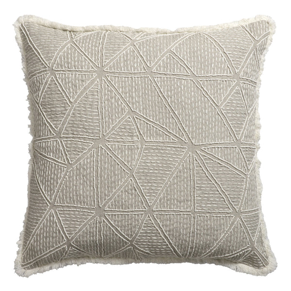 Homeroots 20" X 20" Beige And Ivory Geometric Linen Zippered Pillow With Embroidery, Fringe   534312
