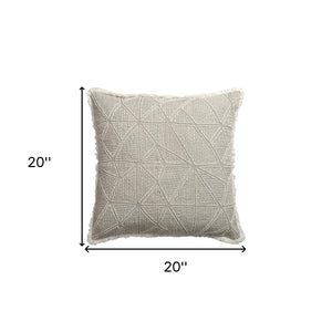 Homeroots 20" X 20" Beige And Ivory Geometric Linen Zippered Pillow With Embroidery, Fringe   534312
