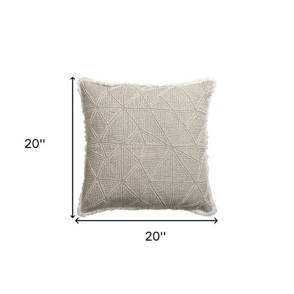 Homeroots 20" X 20" Beige And Ivory Geometric Linen Zippered Pillow With Embroidery, Fringe   534312