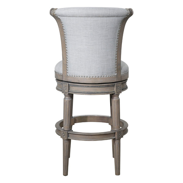 HomeRoots 30" Gray Bar Height Swivel Chair - Stylish Solid Wood & Linen, Plush Comfort, Modern Rustic Design 534314