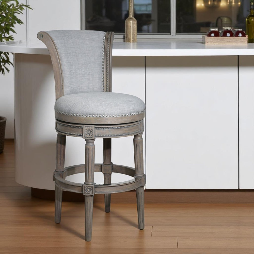 HomeRoots 30" Gray Bar Height Swivel Chair - Stylish Solid Wood & Linen, Plush Comfort, Modern Rustic Design 534314