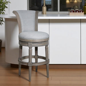 HomeRoots 30" Gray Bar Height Swivel Chair - Stylish Solid Wood & Linen, Plush Comfort, Modern Rustic Design 534314