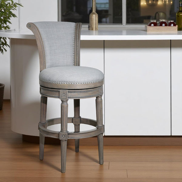 HomeRoots 30" Gray Bar Height Swivel Chair - Stylish Solid Wood & Linen, Plush Comfort, Modern Rustic Design 534314