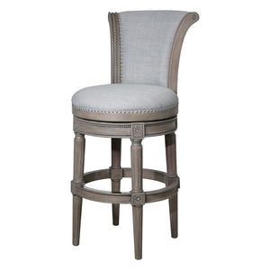 HomeRoots 30" Gray Bar Height Swivel Chair - Stylish Solid Wood & Linen, Plush Comfort, Modern Rustic Design 534314