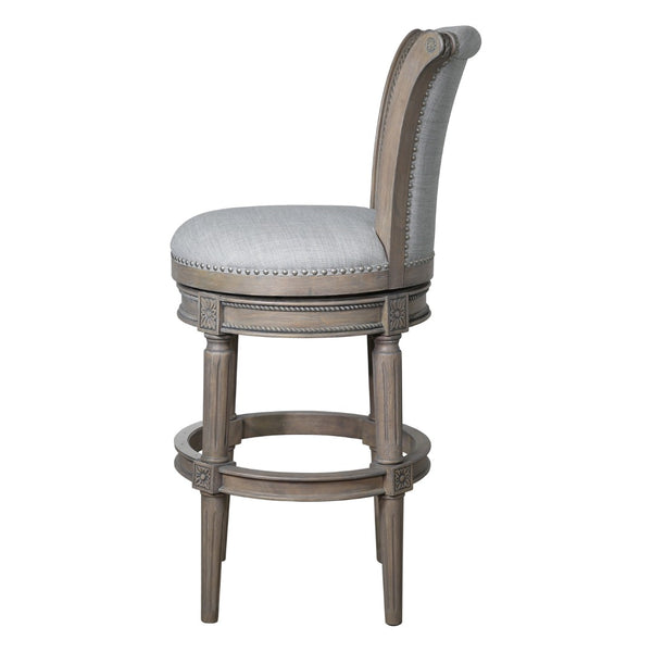 HomeRoots 30" Gray Bar Height Swivel Chair - Stylish Solid Wood & Linen, Plush Comfort, Modern Rustic Design 534314