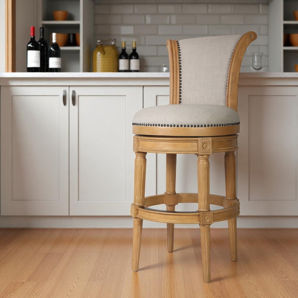 HomeRoots 30" Beige Fabric Swivel Bar Chair with Solid Wood Base - Farmhouse Style, Comfort & Durability 534316