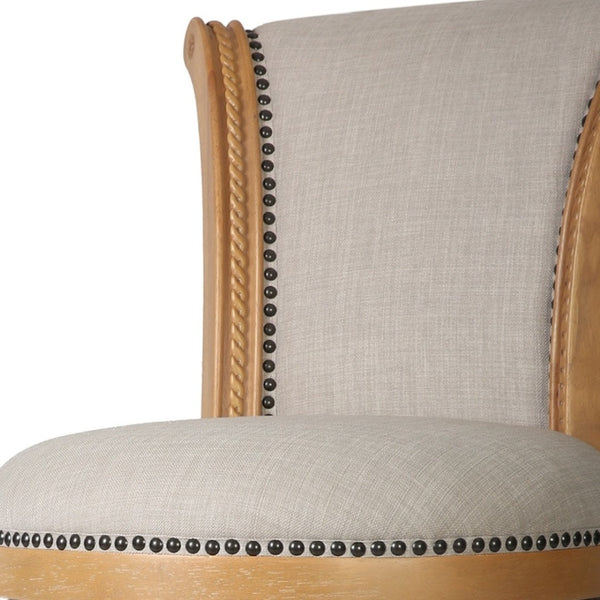 HomeRoots 30" Beige Fabric Swivel Bar Chair with Solid Wood Base - Farmhouse Style, Comfort & Durability 534316