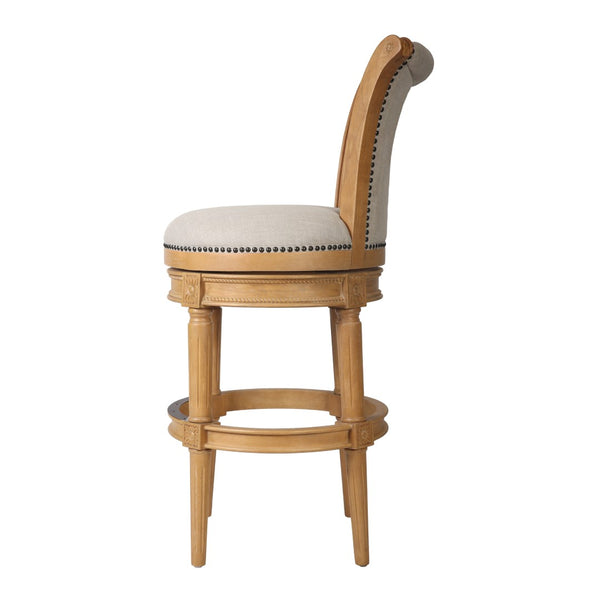 HomeRoots 30" Beige Fabric Swivel Bar Chair with Solid Wood Base - Farmhouse Style, Comfort & Durability 534316