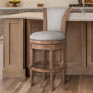 HomeRoots 30" Beige Fabric Swivel Bar Chair with Solid Wood Base - Farmhouse Style, Comfort & Durability 534316