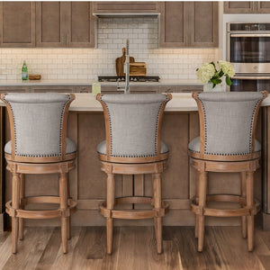HomeRoots 30" Beige Fabric Swivel Bar Chair with Solid Wood Base - Farmhouse Style, Comfort & Durability 534316