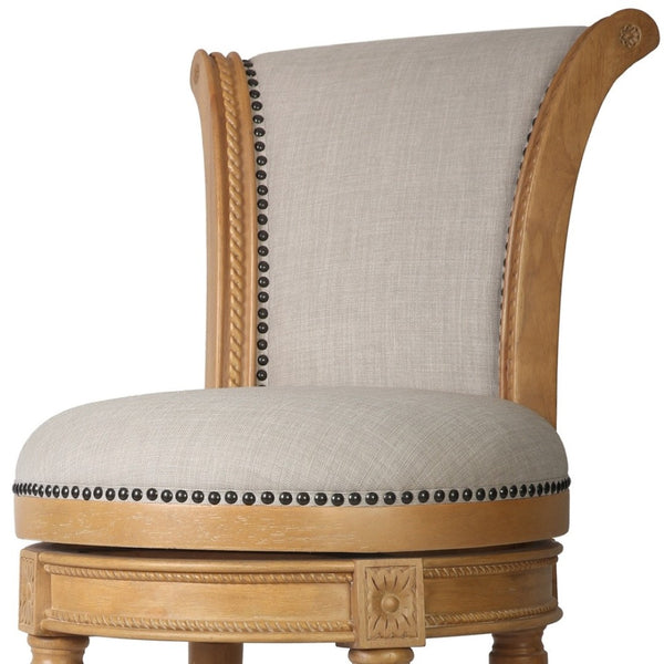 HomeRoots 30" Beige Fabric Swivel Bar Chair with Solid Wood Base - Farmhouse Style, Comfort & Durability 534316