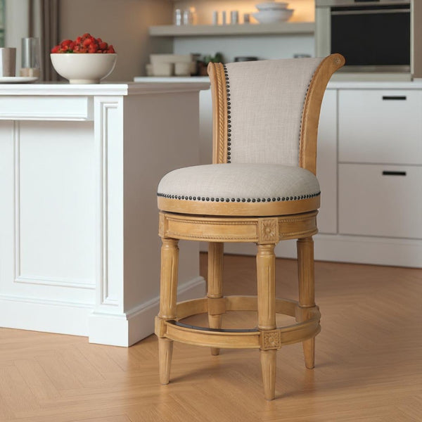 HomeRoots 25" Beige Swivel Bar Chair with Solid Wood Frame, Nailhead Trim & Footrest for Stylish Comfort 534317