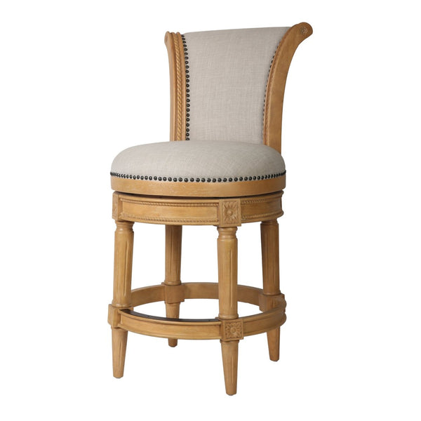 HomeRoots 25" Beige Swivel Bar Chair with Solid Wood Frame, Nailhead Trim & Footrest for Stylish Comfort 534317