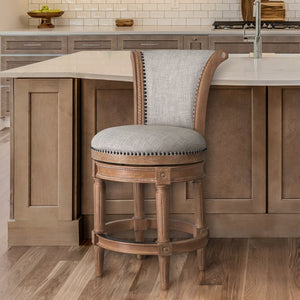 HomeRoots 25" Beige Swivel Bar Chair with Solid Wood Frame, Nailhead Trim & Footrest for Stylish Comfort 534317