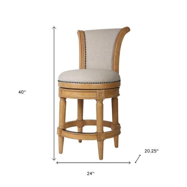 HomeRoots 25" Beige Swivel Bar Chair with Solid Wood Frame, Nailhead Trim & Footrest for Stylish Comfort 534317