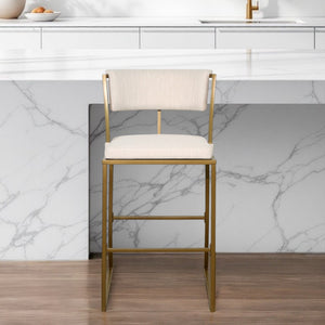 Homeroots 30" Beige And Antiqued Brass Steel Low Back Bar Height Bar Chair   534318