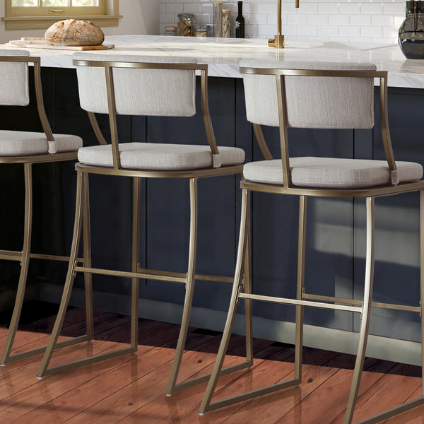 Homeroots 30" Beige And Antiqued Brass Steel Low Back Bar Height Bar Chair   534318