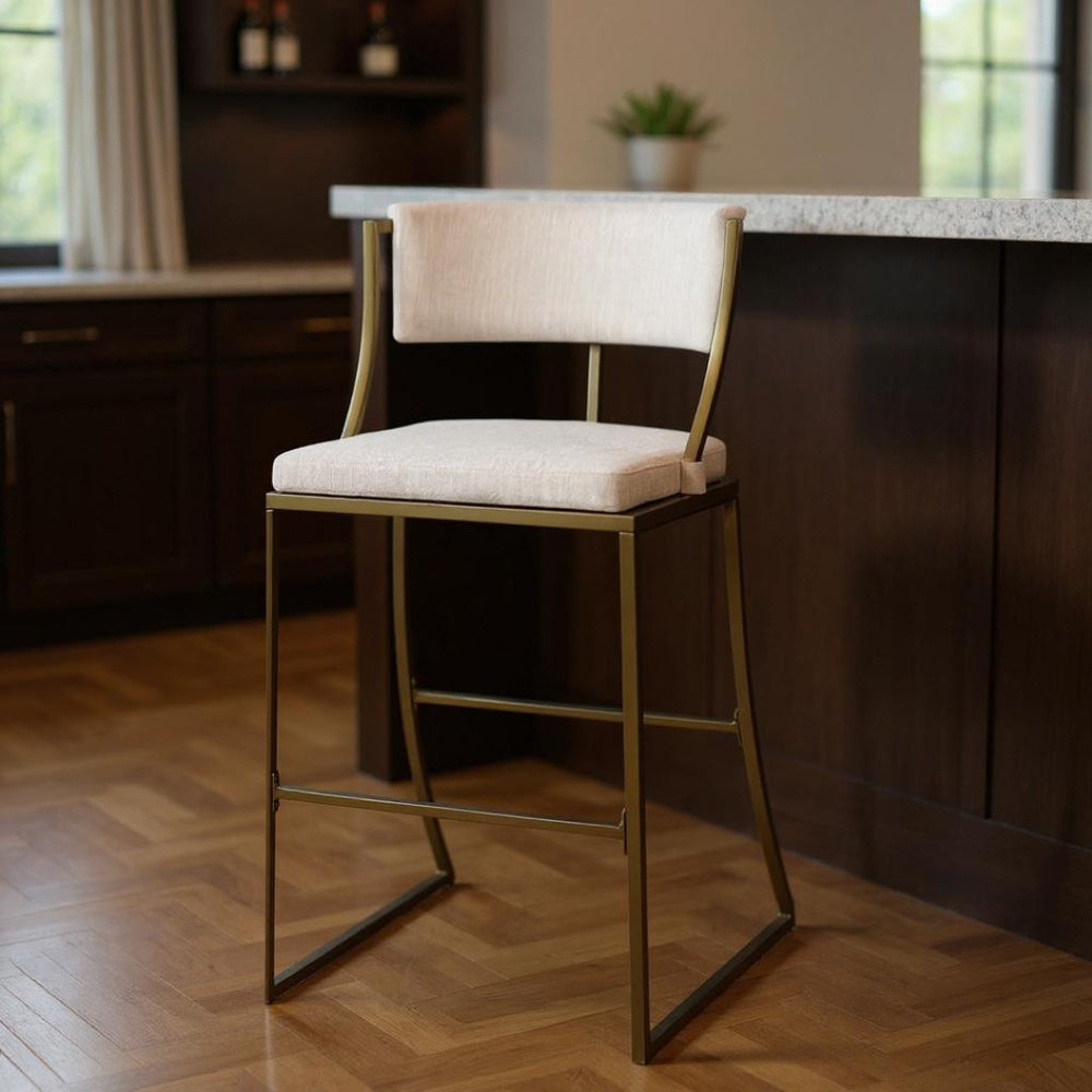 HomeRoots 30" Beige Low Back Bar Chair with Antiqued Brass Frame - Vintage Charm for Modern Spaces 534318