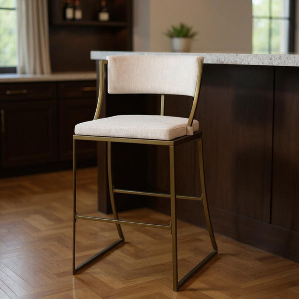 HomeRoots 30" Beige Low Back Bar Chair with Antiqued Brass Frame - Vintage Charm for Modern Spaces 534318